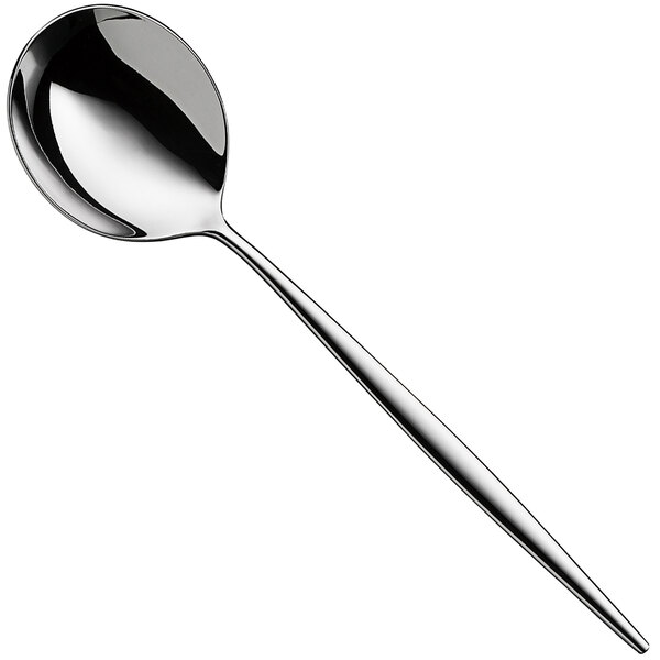 A WMF by BauscherHepp Enia stainless steel round bowl soup spoon with a long handle.
