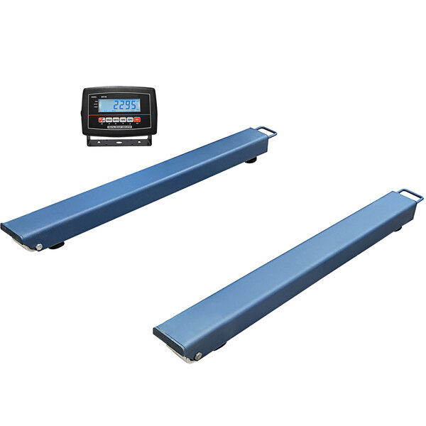 Two blue metal rectangular weighing beams with a black digital display.