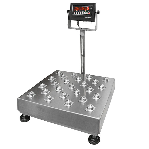 An Optima Weighing Systems bench scale with a digital display on a large metal platform.