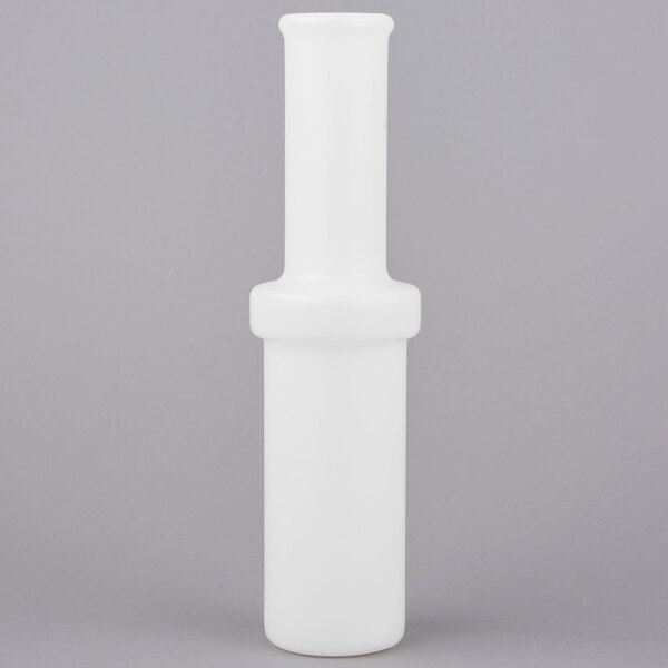 A white plastic pusher with a small opening and a white cap.