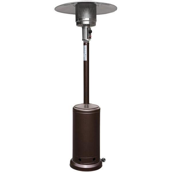 A bronze outdoor heater with a round base and white top.