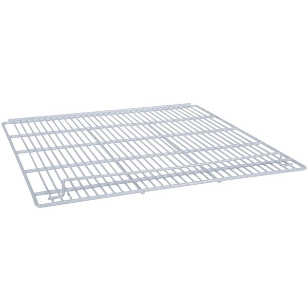 A white metal grid shelf with holes.