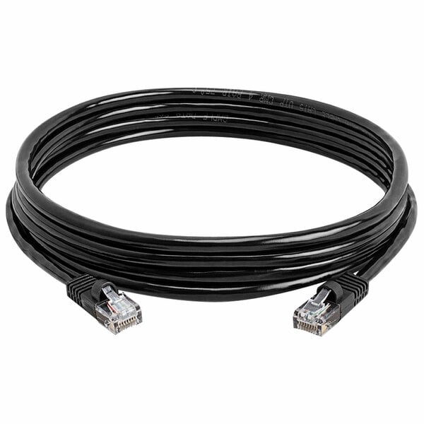 A black Star CAT5E Ethernet cable with RJ45 plugs.
