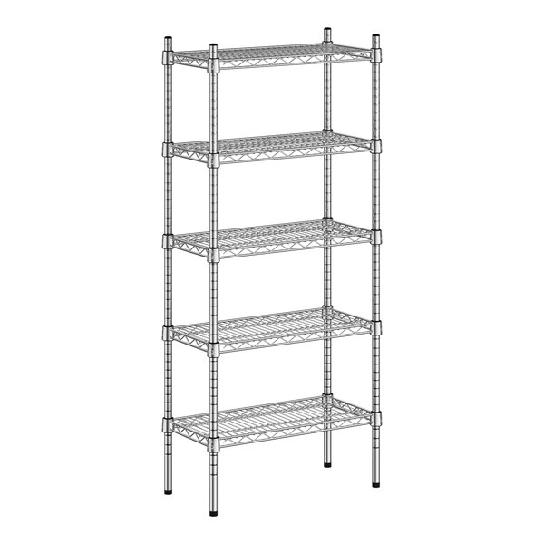 A wireframe of a Regency chrome metal shelf kit with four shelves.