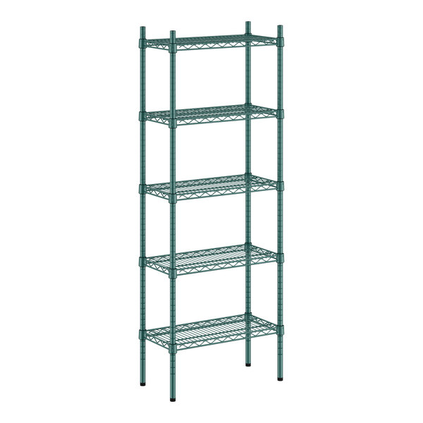 A Regency green wire shelving unit with five shelves.