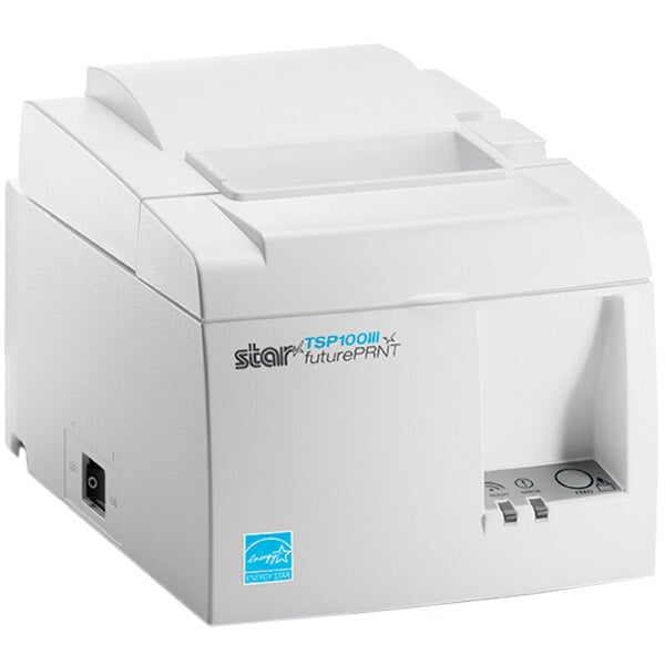 A white Star TSP143IIIU thermal receipt printer with white cover and buttons.