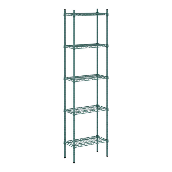 A green metal Regency shelving unit with five shelves.