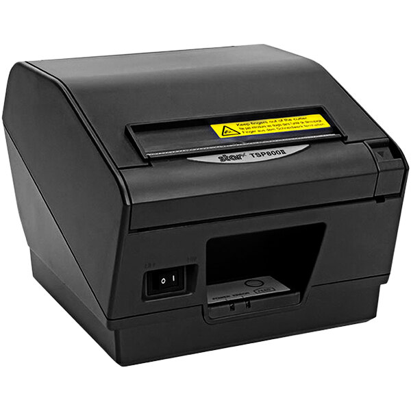 A black Star Thermal Receipt Printer with a yellow label on a counter.