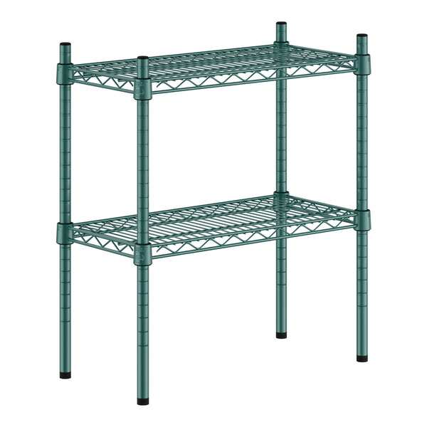 A green metal Regency wire shelf kit with two shelves.