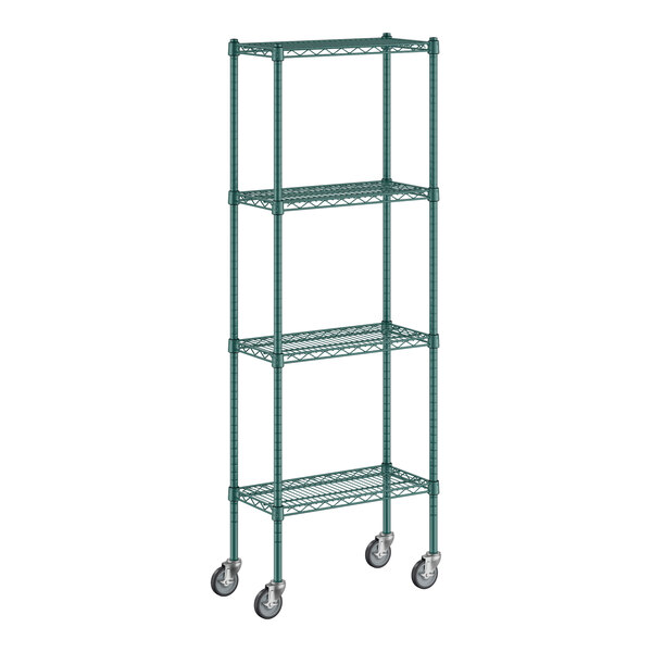 A green metal Regency wire shelving unit with casters.