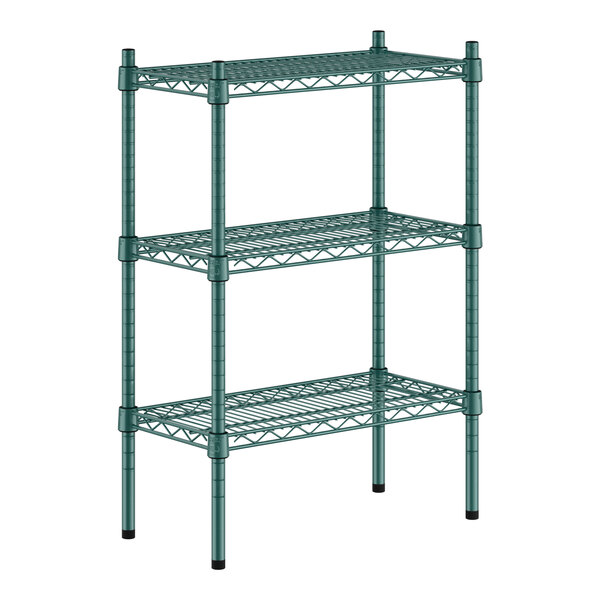 A green metal Regency shelf unit with three shelves.