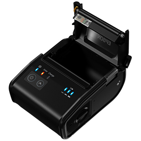 An Epson P80 mobile receipt printer with an open lid.