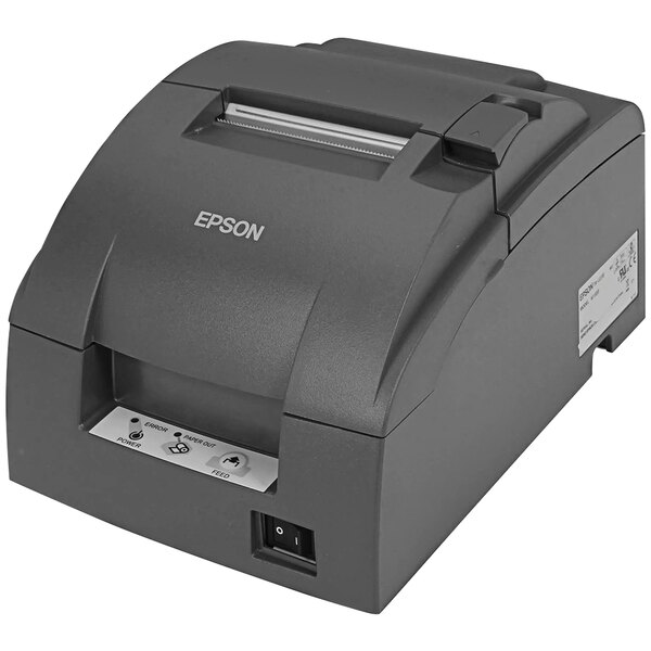 An Epson TM-U220B receipt printer on a white background with a label.
