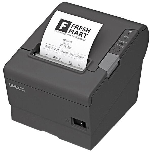 An Epson TM-T88V thermal receipt printer with a paper on it.
