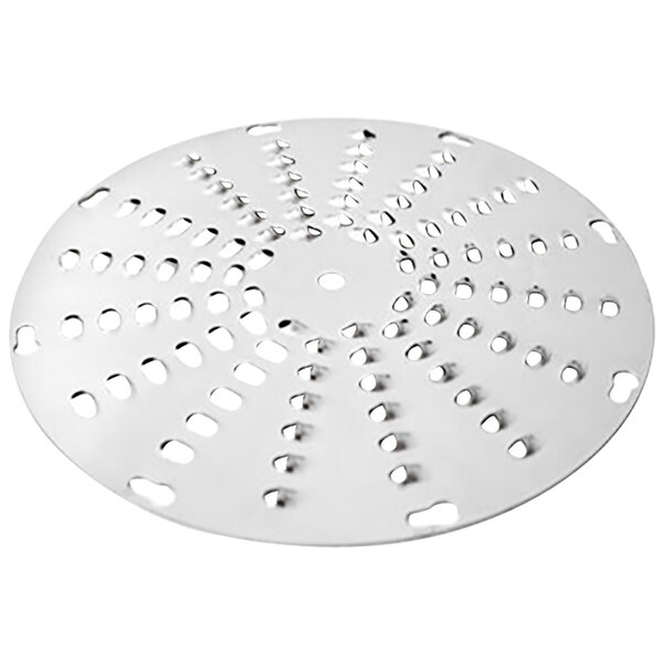 A stainless steel Zumex shredder disc with circular holes.