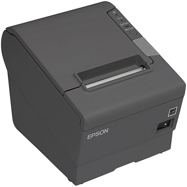 An Epson TM-T88V receipt printer in gray with buttons.