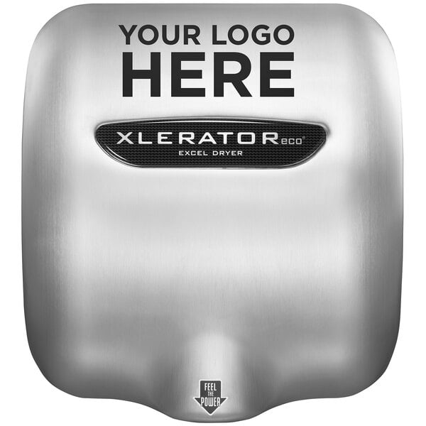 A stainless steel Excel hand dryer with a silver and black customizable image panel.