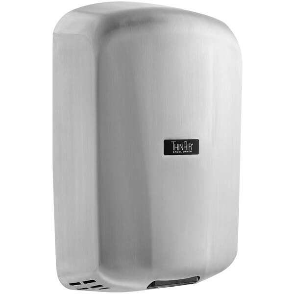 A silver Excel ThinAir hand dryer with a black label.