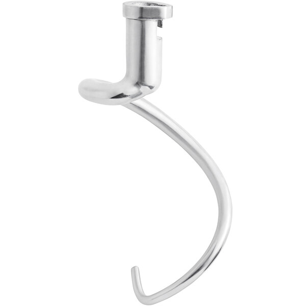A stainless steel curved dough hook with a hole on the end.