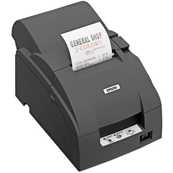 An Epson TM-U220 receipt printer on a counter with a paper label in it.