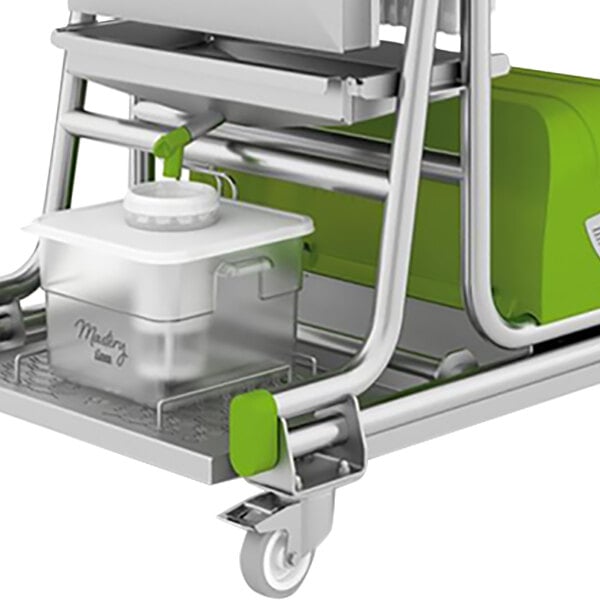 A green and silver Zumex cart with a green container on it.