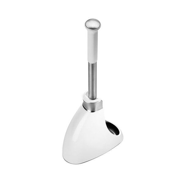 A white simplehuman toilet brush with a metal handle in a white holder.