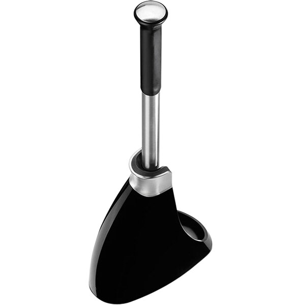A close-up of a black and silver simplehuman toilet brush.
