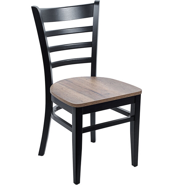 A black BFM Seating ladder back chair with a wooden seat.