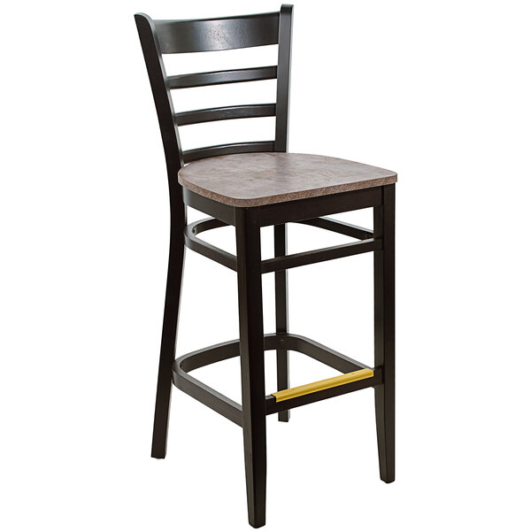A black wooden BFM Berkeley barstool with a ladder back and copper seat.