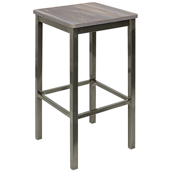 A BFM Seating metal backless bar stool with a wooden seat.