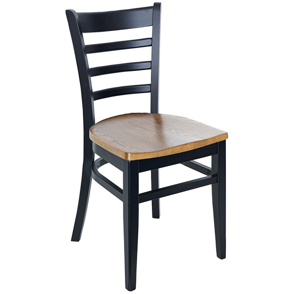 A black BFM Seating ladder back side chair with a brown wood seat.