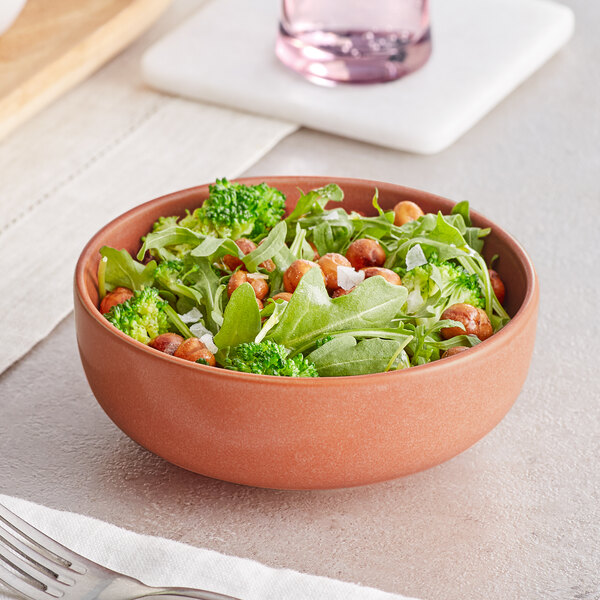 An Acopa Terra Cotta matte porcelain bowl filled with salad with broccoli and chickpeas on a table.