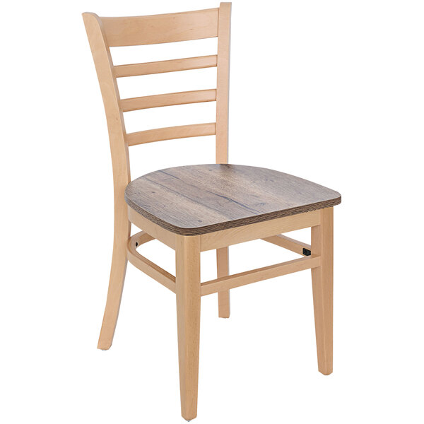A BFM Seating natural beechwood side chair with a ladder back and wooden seat.
