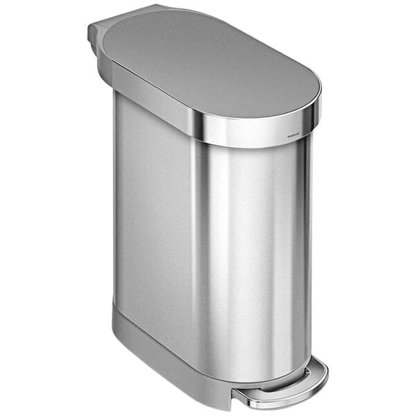 A simplehuman stainless steel trash can with a plastic lid.