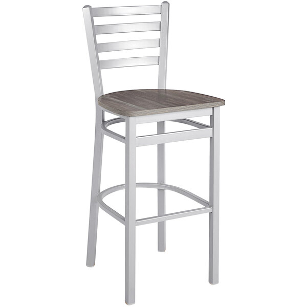 A BFM Seating Lima steel barstool with a wooden seat in white and grey.