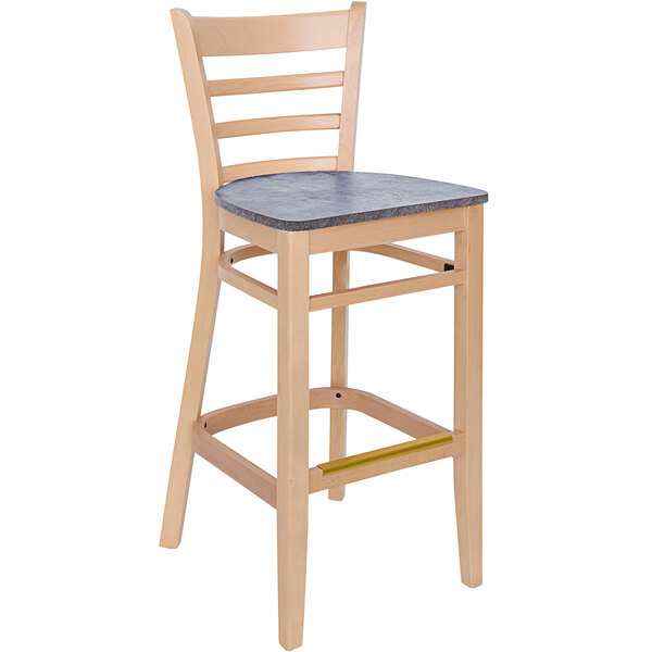 A BFM Seating Berkeley natural beechwood ladder back barstool with a copper seat.