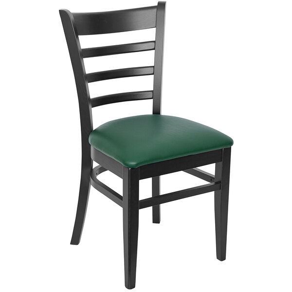 A black BFM Seating ladder back side chair with a green vinyl seat.