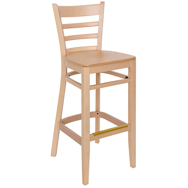 A BFM Seating natural beechwood restaurant bar stool with a wooden seat and back.