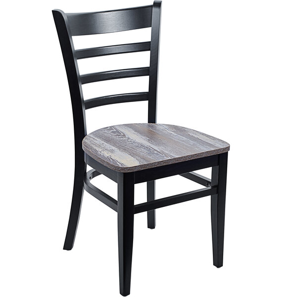 A BFM Seating Berkeley black beechwood chair with a relic farmhouse wooden seat.