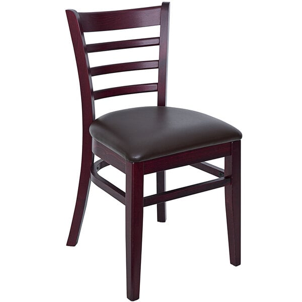 A BFM Seating Berkeley dark mahogany wooden ladder back chair with dark brown vinyl seat.