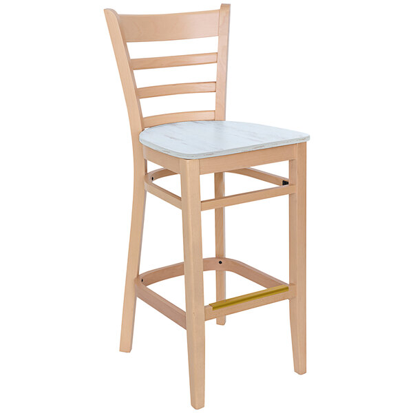 A BFM Seating wooden ladder back barstool with a white seat.