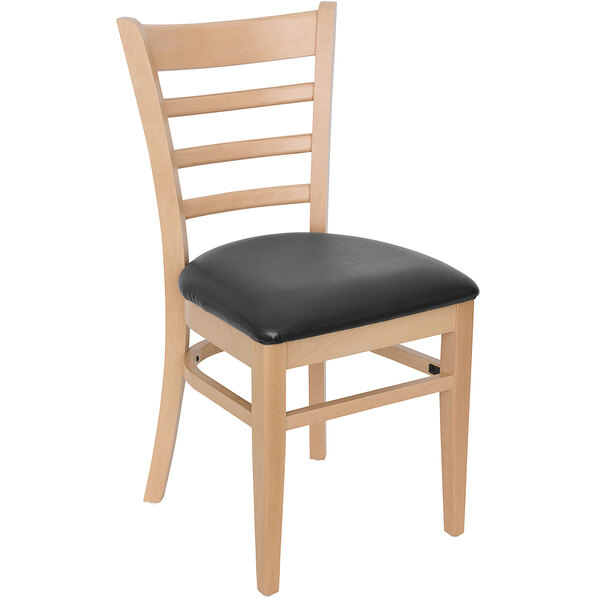 A BFM Seating Berkeley natural beechwood side chair with a dark brown vinyl seat.