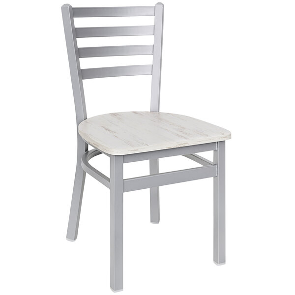 A white chair with a wooden seat.