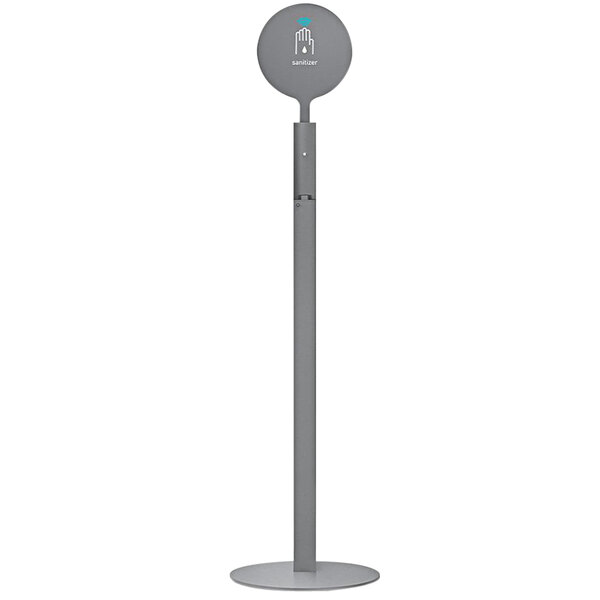 A grey metal simplehuman floor stand with a round grey base.