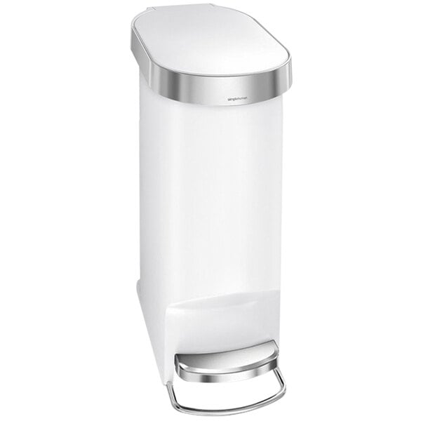 A white simplehuman slim step-on trash can with a silver lid.