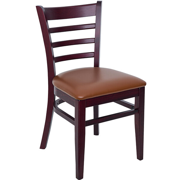 A BFM Seating Berkeley beechwood restaurant chair with a light brown vinyl seat cushion.