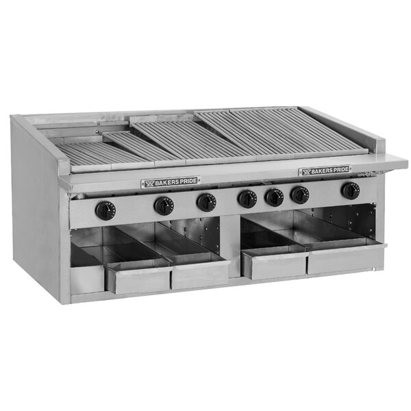 A large stainless steel Bakers Pride charbroiler.