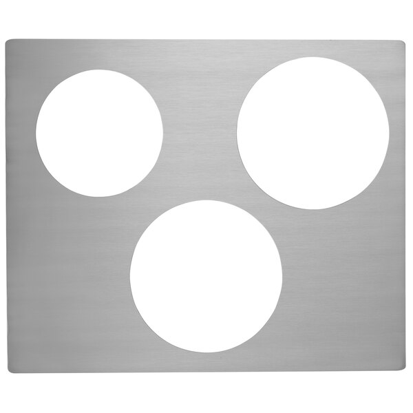 A stainless steel square adapter plate with three white circles inside white circles.