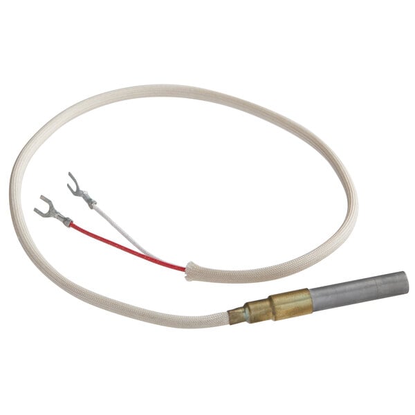 A white connector with a white cable and a red wire.
