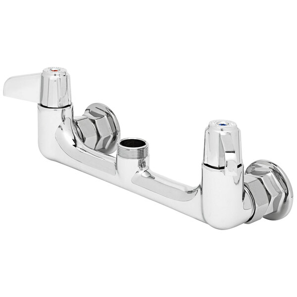 A chrome Equip by T&S wall mount swivel base for a faucet with flanges.